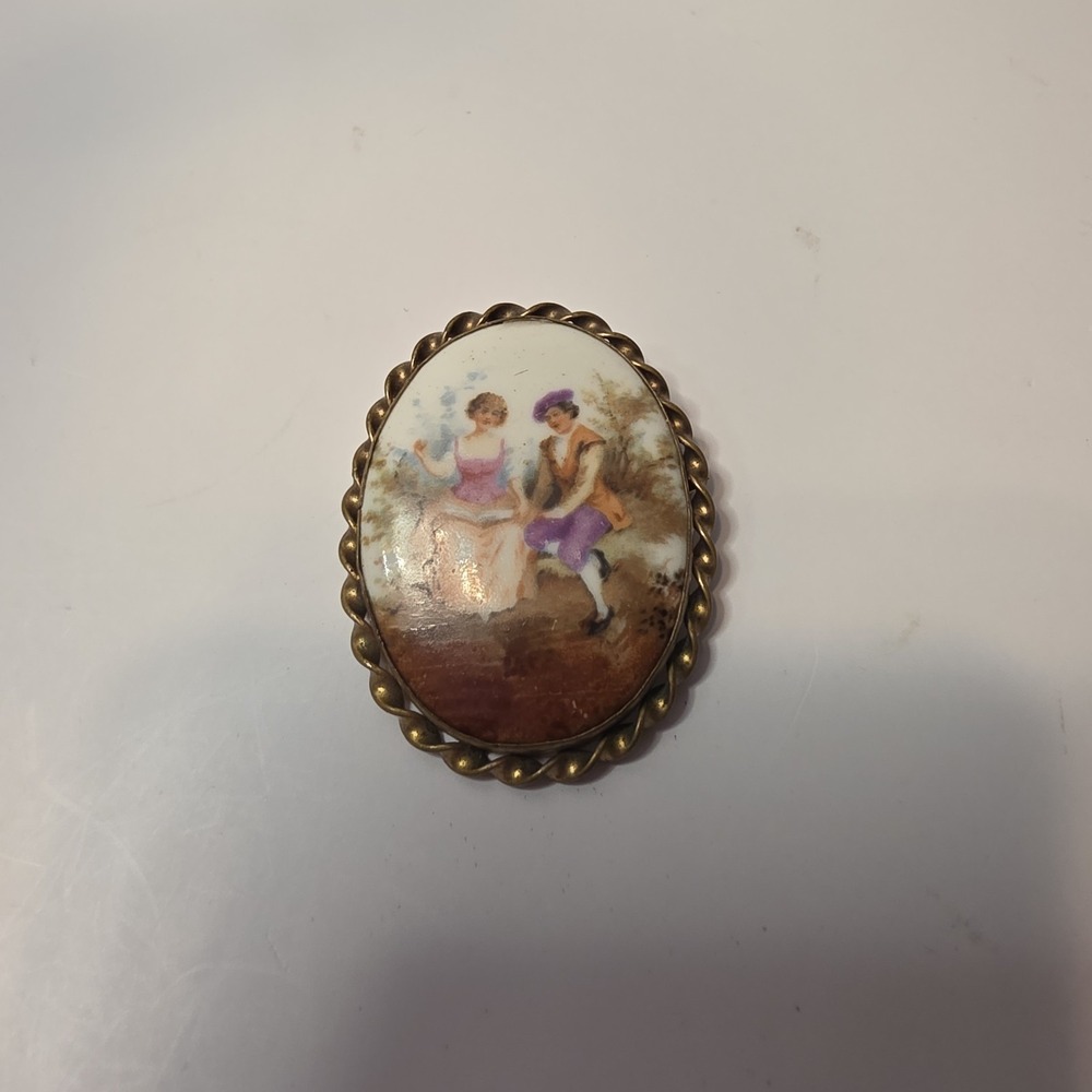 Vintage Hand Painted Porcelain Portrait Brooch | Brass Rope Frame | Romantic...